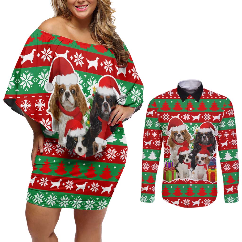 Christmas Dogs Couples Matching Off Shoulder Short Dress and Long Sleeve Button Shirt with Santa Hats and Red Green Holiday Pattern - Wonder Print Shop