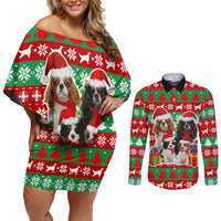 Christmas Dogs Couples Matching Off Shoulder Short Dress and Long Sleeve Button Shirt with Santa Hats and Red Green Holiday Pattern - Wonder Print Shop