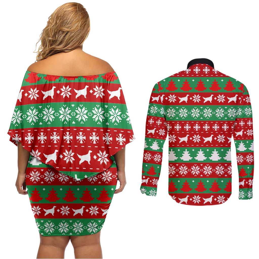 Christmas Dogs Couples Matching Off Shoulder Short Dress and Long Sleeve Button Shirt with Santa Hats and Red Green Holiday Pattern - Wonder Print Shop