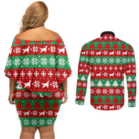 Christmas Dogs Couples Matching Off Shoulder Short Dress and Long Sleeve Button Shirt with Santa Hats and Red Green Holiday Pattern - Wonder Print Shop