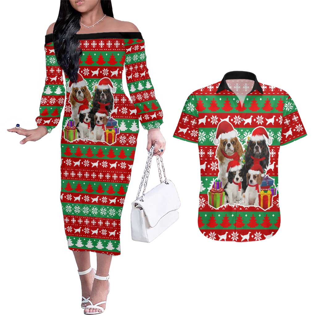 Christmas Dogs Couples Matching Off The Shoulder Long Sleeve Dress and Hawaiian Shirt with Santa Hats and Red Green Holiday Pattern - Wonder Print Shop