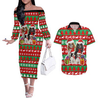 Christmas Dogs Couples Matching Off The Shoulder Long Sleeve Dress and Hawaiian Shirt with Santa Hats and Red Green Holiday Pattern - Wonder Print Shop