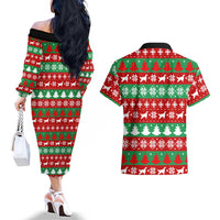 Christmas Dogs Couples Matching Off The Shoulder Long Sleeve Dress and Hawaiian Shirt with Santa Hats and Red Green Holiday Pattern - Wonder Print Shop