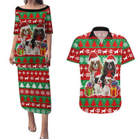 Christmas Dogs Couples Matching Puletasi and Hawaiian Shirt with Santa Hats and Red Green Holiday Pattern - Wonder Print Shop