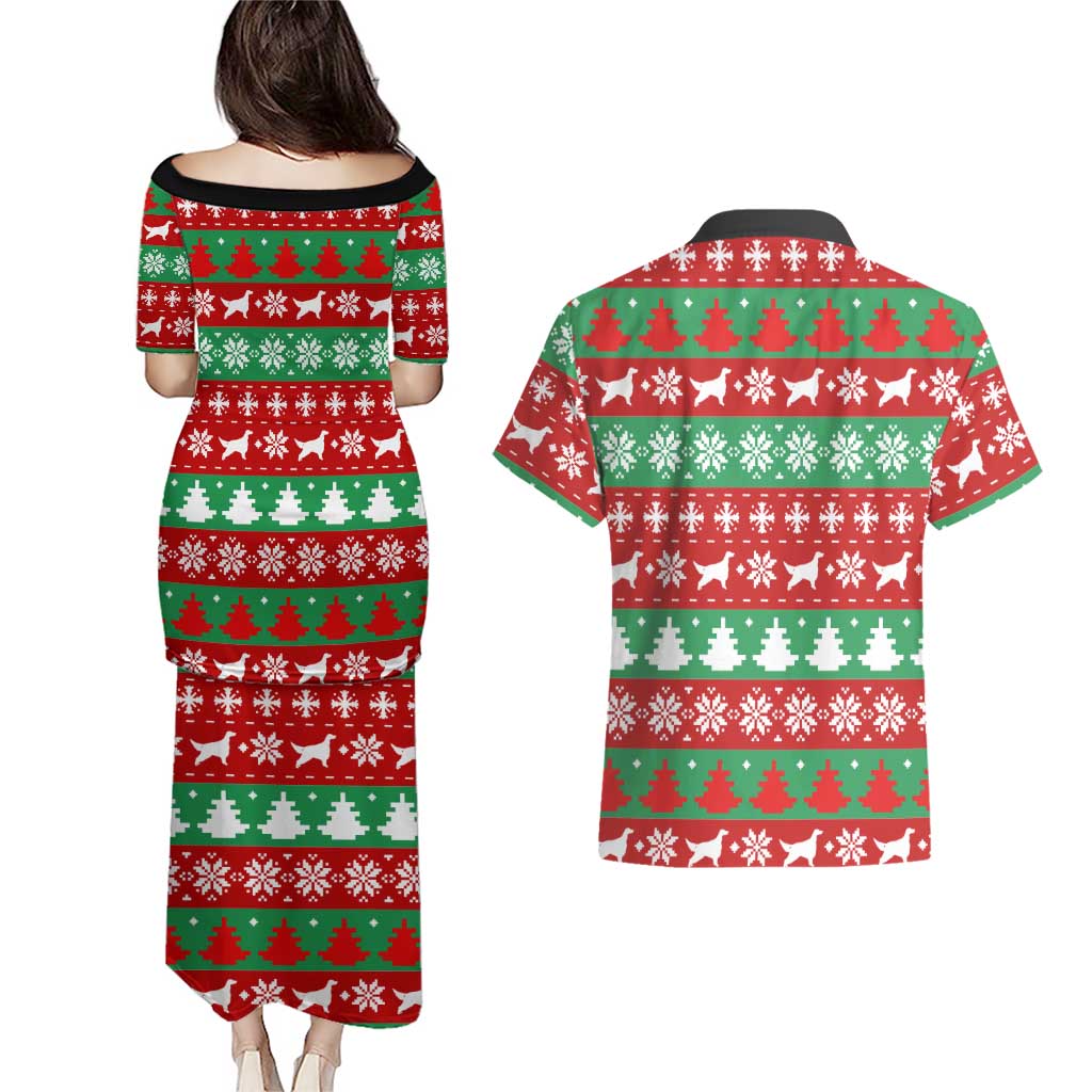 Christmas Dogs Couples Matching Puletasi and Hawaiian Shirt with Santa Hats and Red Green Holiday Pattern - Wonder Print Shop