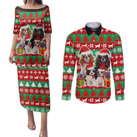 Christmas Dogs Couples Matching Puletasi and Long Sleeve Button Shirt with Santa Hats and Red Green Holiday Pattern - Wonder Print Shop