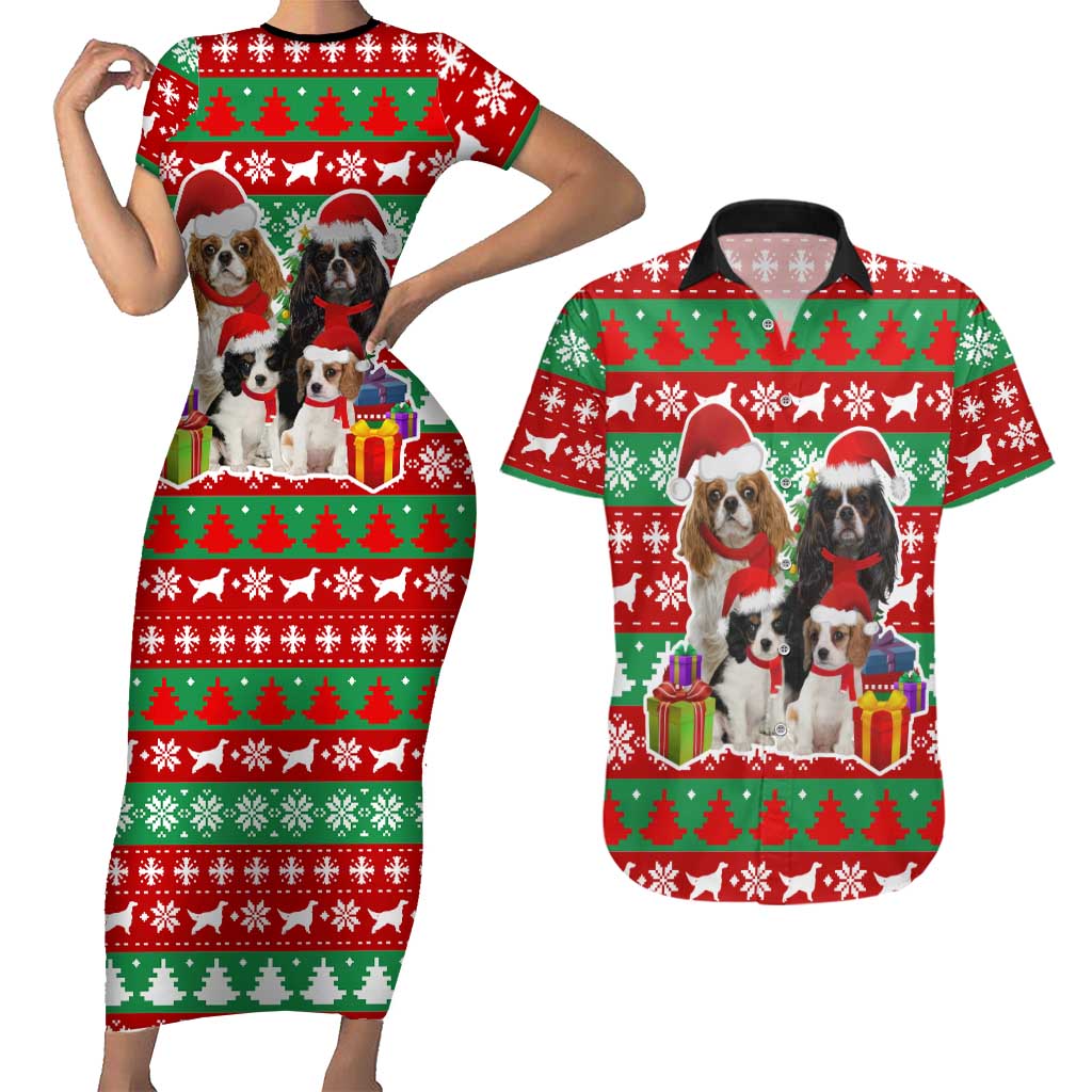 Christmas Dogs Couples Matching Short Sleeve Bodycon Dress and Hawaiian Shirt with Santa Hats and Red Green Holiday Pattern - Wonder Print Shop
