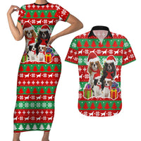 Christmas Dogs Couples Matching Short Sleeve Bodycon Dress and Hawaiian Shirt with Santa Hats and Red Green Holiday Pattern - Wonder Print Shop