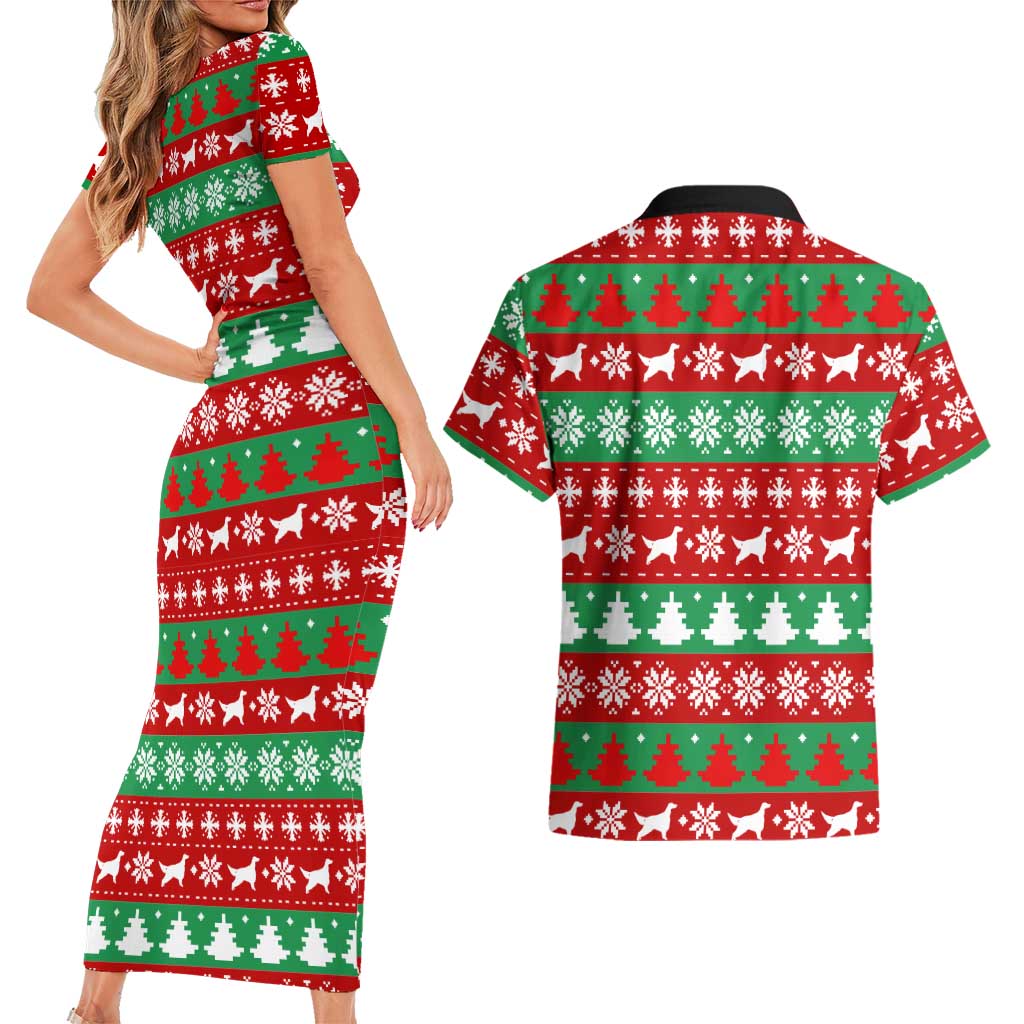 Christmas Dogs Couples Matching Short Sleeve Bodycon Dress and Hawaiian Shirt with Santa Hats and Red Green Holiday Pattern - Wonder Print Shop