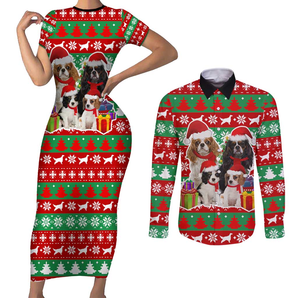 Christmas Dogs Couples Matching Short Sleeve Bodycon Dress and Long Sleeve Button Shirt with Santa Hats and Red Green Holiday Pattern - Wonder Print Shop
