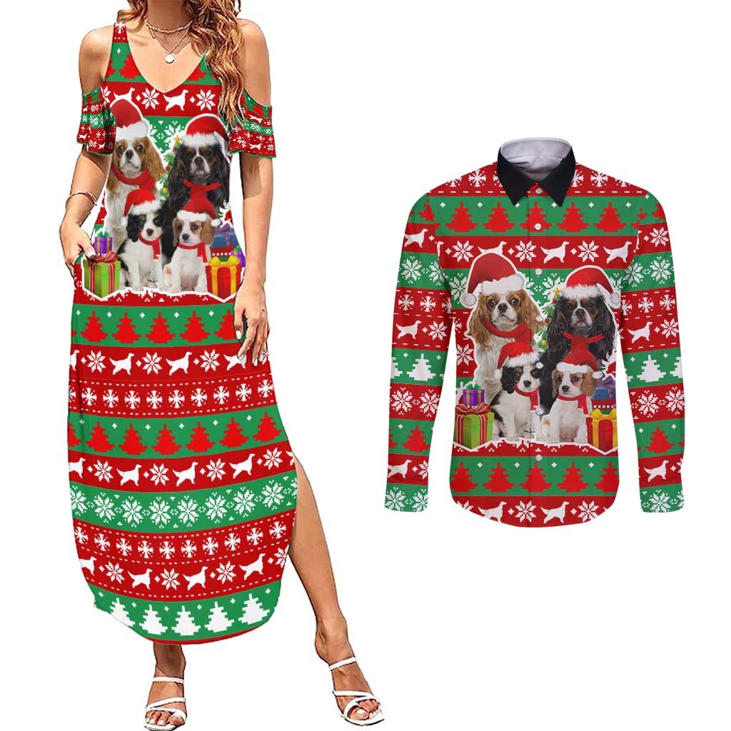 Christmas Dogs Couples Matching Summer Maxi Dress and Long Sleeve Button Shirt with Santa Hats and Red Green Holiday Pattern - Wonder Print Shop