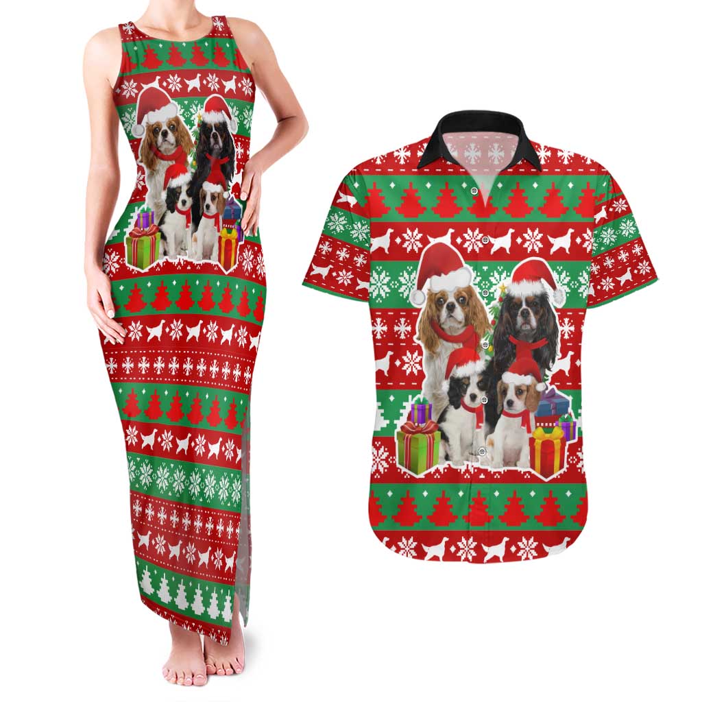 Christmas Dogs Couples Matching Tank Maxi Dress and Hawaiian Shirt with Santa Hats and Red Green Holiday Pattern - Wonder Print Shop