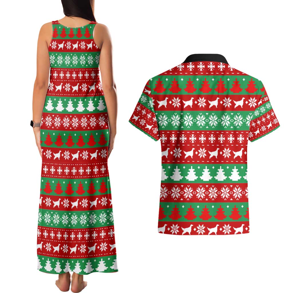Christmas Dogs Couples Matching Tank Maxi Dress and Hawaiian Shirt with Santa Hats and Red Green Holiday Pattern - Wonder Print Shop
