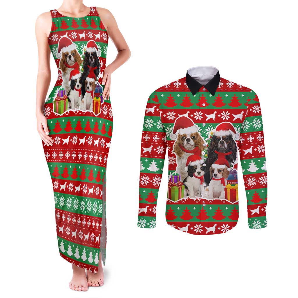 Christmas Dogs Couples Matching Tank Maxi Dress and Long Sleeve Button Shirt with Santa Hats and Red Green Holiday Pattern - Wonder Print Shop