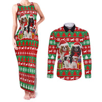 Christmas Dogs Couples Matching Tank Maxi Dress and Long Sleeve Button Shirt with Santa Hats and Red Green Holiday Pattern - Wonder Print Shop