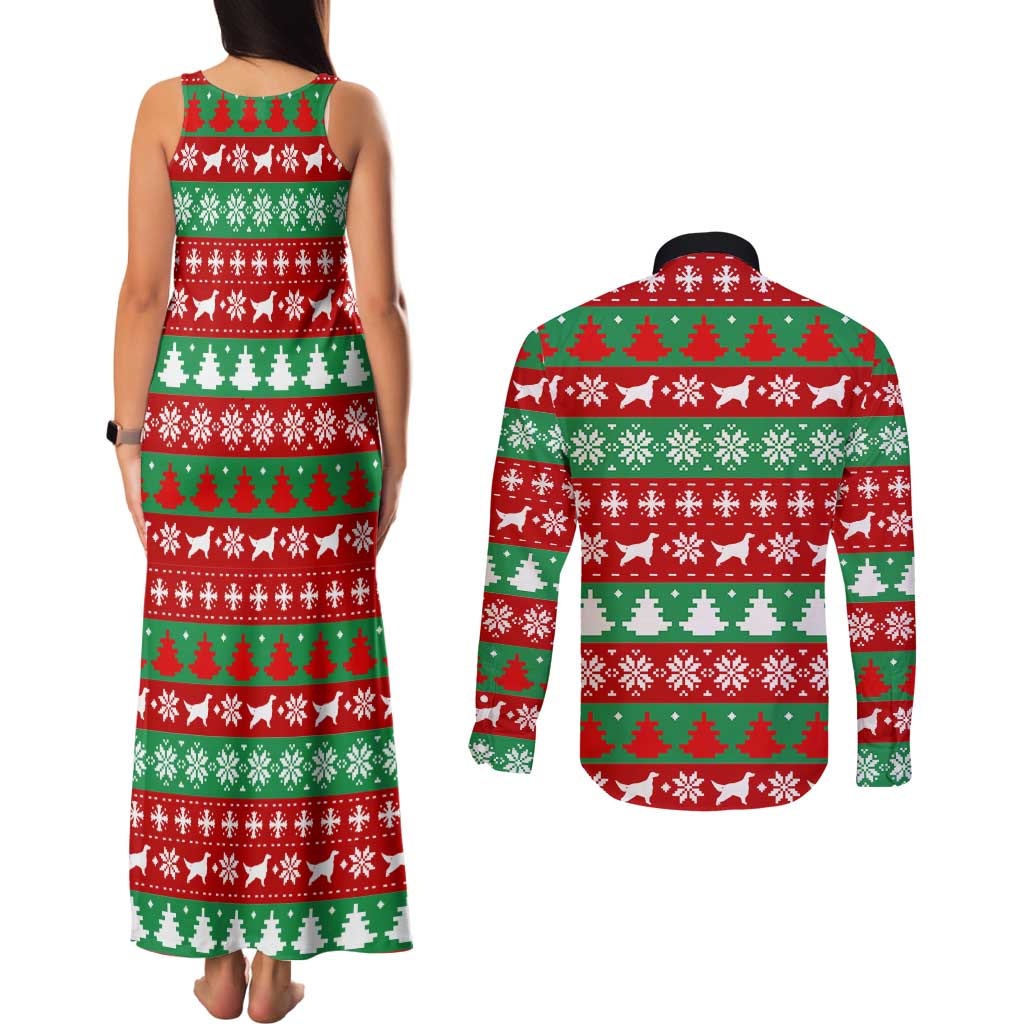 Christmas Dogs Couples Matching Tank Maxi Dress and Long Sleeve Button Shirt with Santa Hats and Red Green Holiday Pattern - Wonder Print Shop