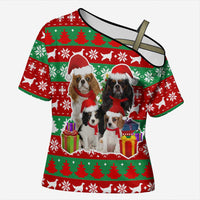 Christmas Dogs Cross Shoulder Shirt with Santa Hats and Red Green Holiday Pattern - Wonder Print Shop
