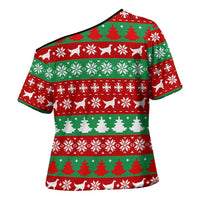 Christmas Dogs Cross Shoulder Shirt with Santa Hats and Red Green Holiday Pattern - Wonder Print Shop
