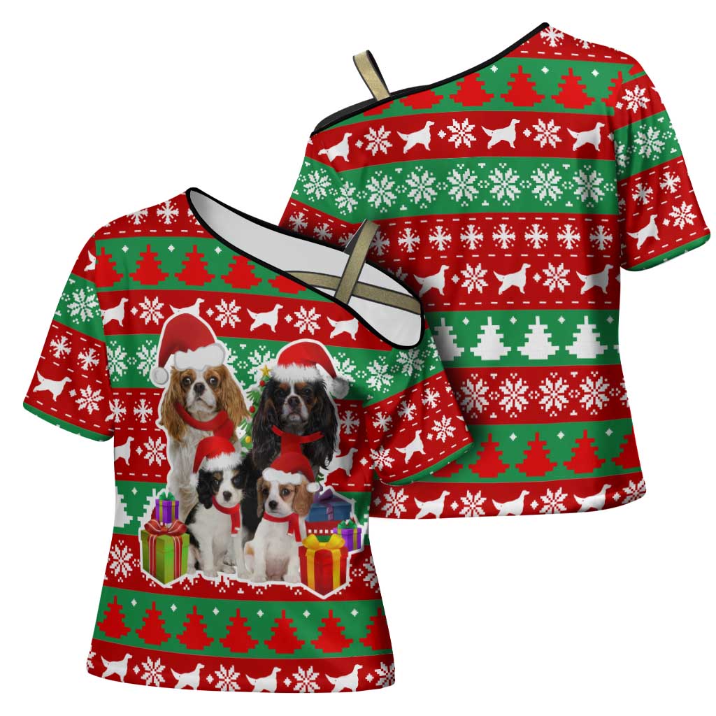 Christmas Dogs Cross Shoulder Shirt with Santa Hats and Red Green Holiday Pattern - Wonder Print Shop