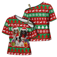 Christmas Dogs Cross Shoulder Shirt with Santa Hats and Red Green Holiday Pattern - Wonder Print Shop