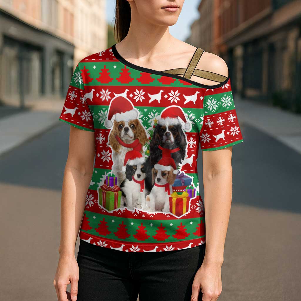 Christmas Dogs Cross Shoulder Shirt with Santa Hats and Red Green Holiday Pattern - Wonder Print Shop