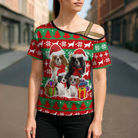Christmas Dogs Cross Shoulder Shirt with Santa Hats and Red Green Holiday Pattern - Wonder Print Shop