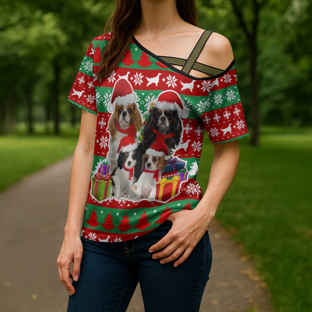Christmas Dogs Cross Shoulder Shirt with Santa Hats and Red Green Holiday Pattern - Wonder Print Shop