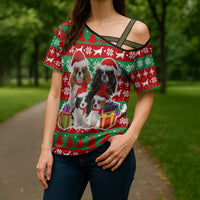 Christmas Dogs Cross Shoulder Shirt with Santa Hats and Red Green Holiday Pattern - Wonder Print Shop