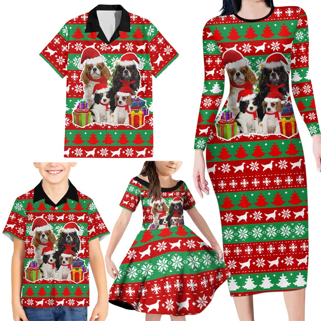 Christmas Dogs Family Matching Long Sleeve Bodycon Dress and Hawaiian Shirt with Santa Hats and Red Green Holiday Pattern - Wonder Print Shop