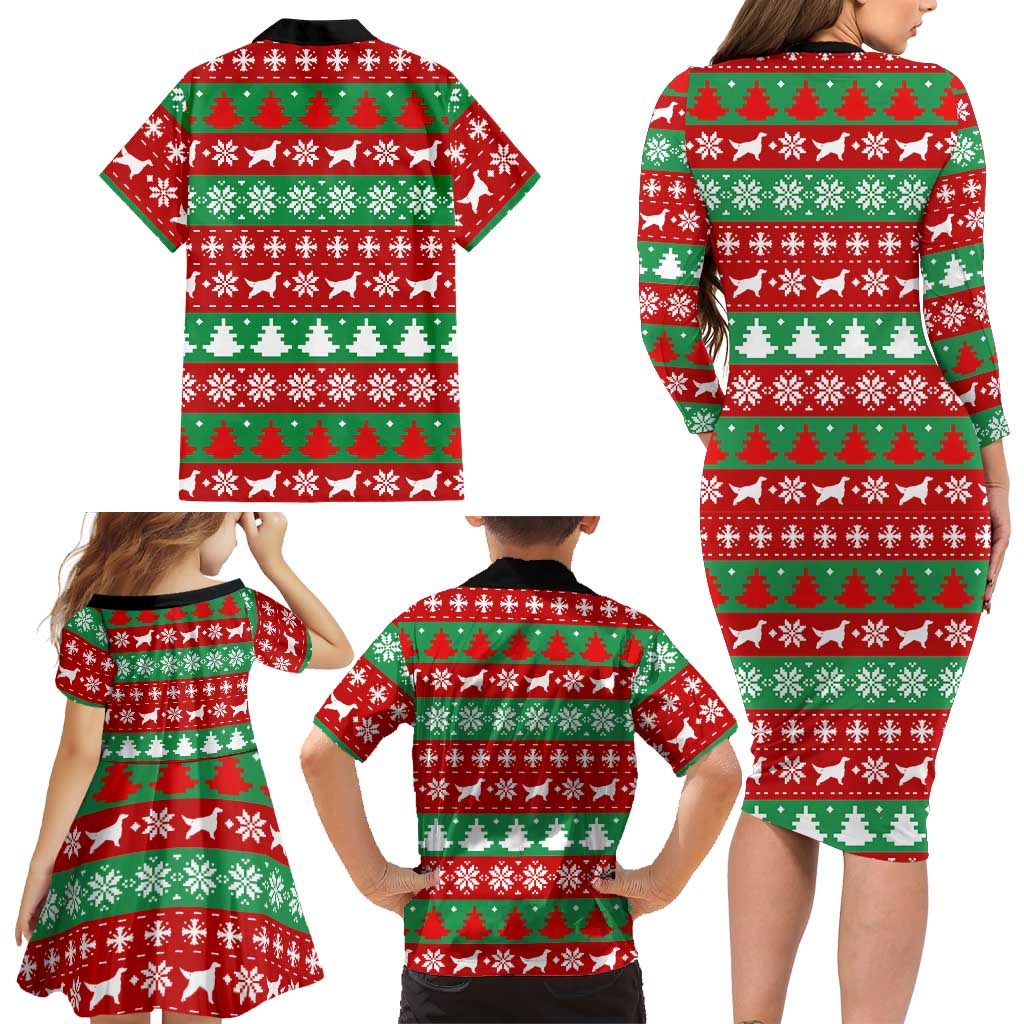 Christmas Dogs Family Matching Long Sleeve Bodycon Dress and Hawaiian Shirt with Santa Hats and Red Green Holiday Pattern - Wonder Print Shop