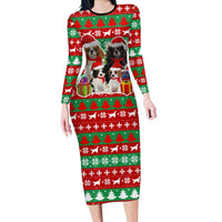 Christmas Dogs Family Matching Long Sleeve Bodycon Dress and Hawaiian Shirt with Santa Hats and Red Green Holiday Pattern - Wonder Print Shop