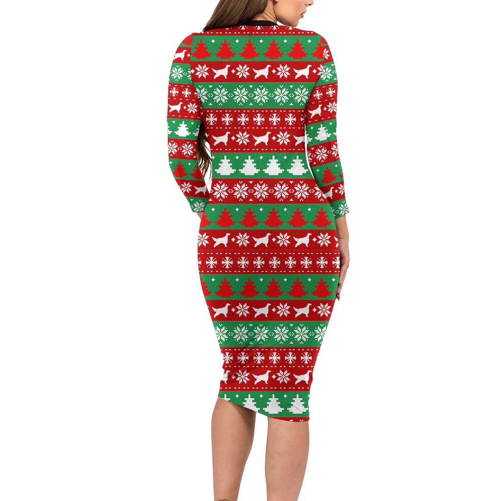 Christmas Dogs Family Matching Long Sleeve Bodycon Dress and Hawaiian Shirt with Santa Hats and Red Green Holiday Pattern - Wonder Print Shop