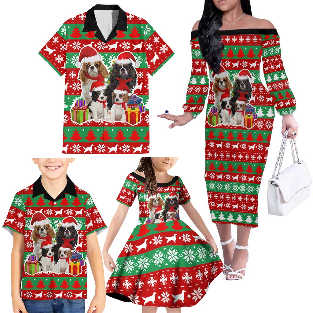 Christmas Dogs Family Matching Off The Shoulder Long Sleeve Dress and Hawaiian Shirt with Santa Hats and Red Green Holiday Pattern - Wonder Print Shop