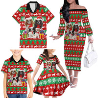 Christmas Dogs Family Matching Off The Shoulder Long Sleeve Dress and Hawaiian Shirt with Santa Hats and Red Green Holiday Pattern - Wonder Print Shop