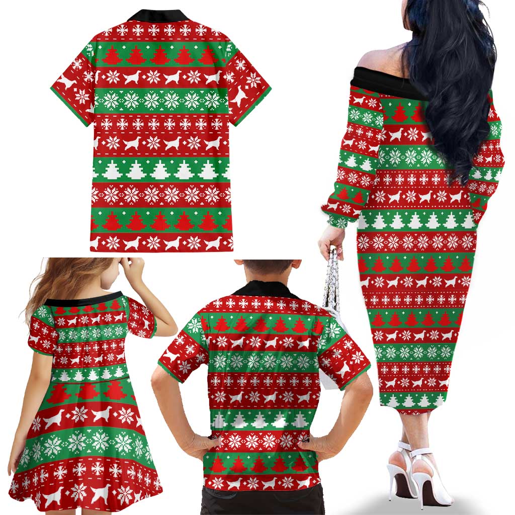 Christmas Dogs Family Matching Off The Shoulder Long Sleeve Dress and Hawaiian Shirt with Santa Hats and Red Green Holiday Pattern - Wonder Print Shop