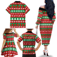 Christmas Dogs Family Matching Off The Shoulder Long Sleeve Dress and Hawaiian Shirt with Santa Hats and Red Green Holiday Pattern - Wonder Print Shop