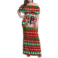 Christmas Dogs Family Matching Off Shoulder Maxi Dress and Hawaiian Shirt with Santa Hats and Red Green Holiday Pattern - Wonder Print Shop
