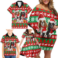 Christmas Dogs Family Matching Off Shoulder Short Dress and Hawaiian Shirt with Santa Hats and Red Green Holiday Pattern - Wonder Print Shop