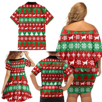 Christmas Dogs Family Matching Off Shoulder Short Dress and Hawaiian Shirt with Santa Hats and Red Green Holiday Pattern - Wonder Print Shop