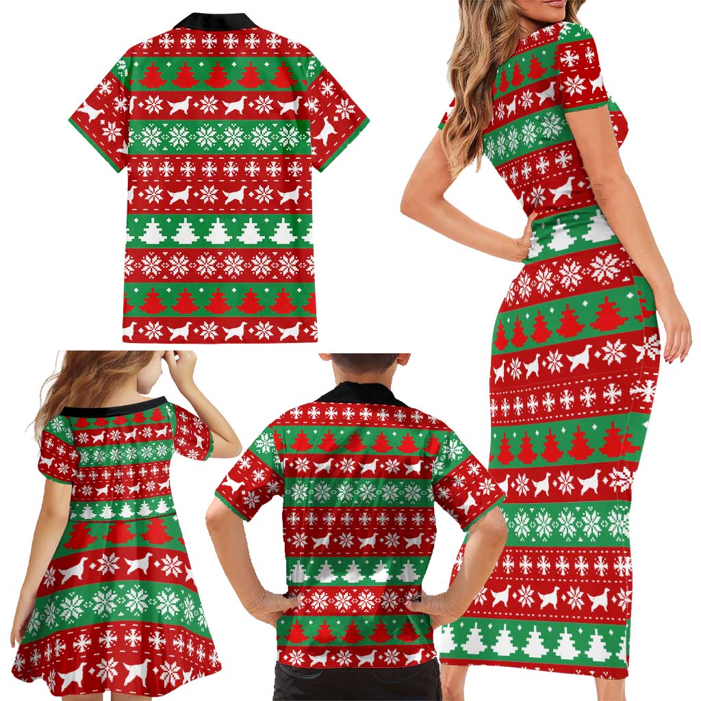 Christmas Dogs Family Matching Short Sleeve Bodycon Dress and Hawaiian Shirt with Santa Hats and Red Green Holiday Pattern - Wonder Print Shop