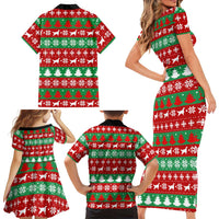Christmas Dogs Family Matching Short Sleeve Bodycon Dress and Hawaiian Shirt with Santa Hats and Red Green Holiday Pattern - Wonder Print Shop