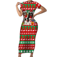 Christmas Dogs Family Matching Short Sleeve Bodycon Dress and Hawaiian Shirt with Santa Hats and Red Green Holiday Pattern - Wonder Print Shop