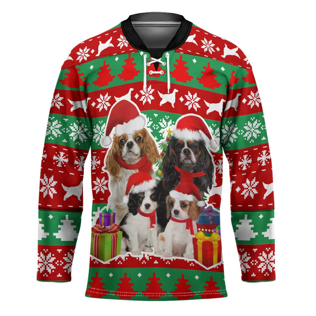 Christmas Dogs Hockey Jersey with Santa Hats and Red Green Holiday Pattern - Wonder Print Shop