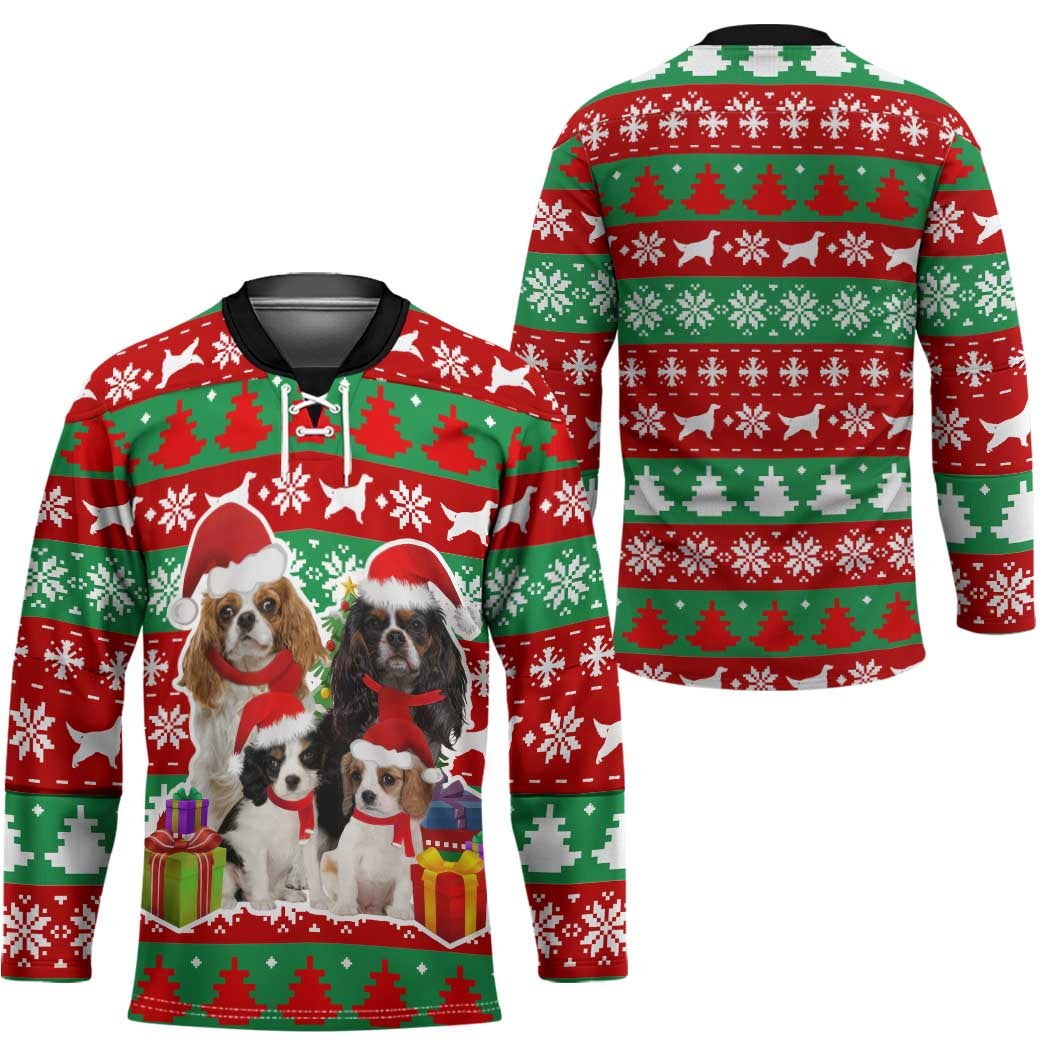Christmas Dogs Hockey Jersey with Santa Hats and Red Green Holiday Pattern - Wonder Print Shop
