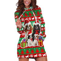 Christmas Dogs Hoodie Dress with Santa Hats and Red Green Holiday Pattern - Wonder Print Shop
