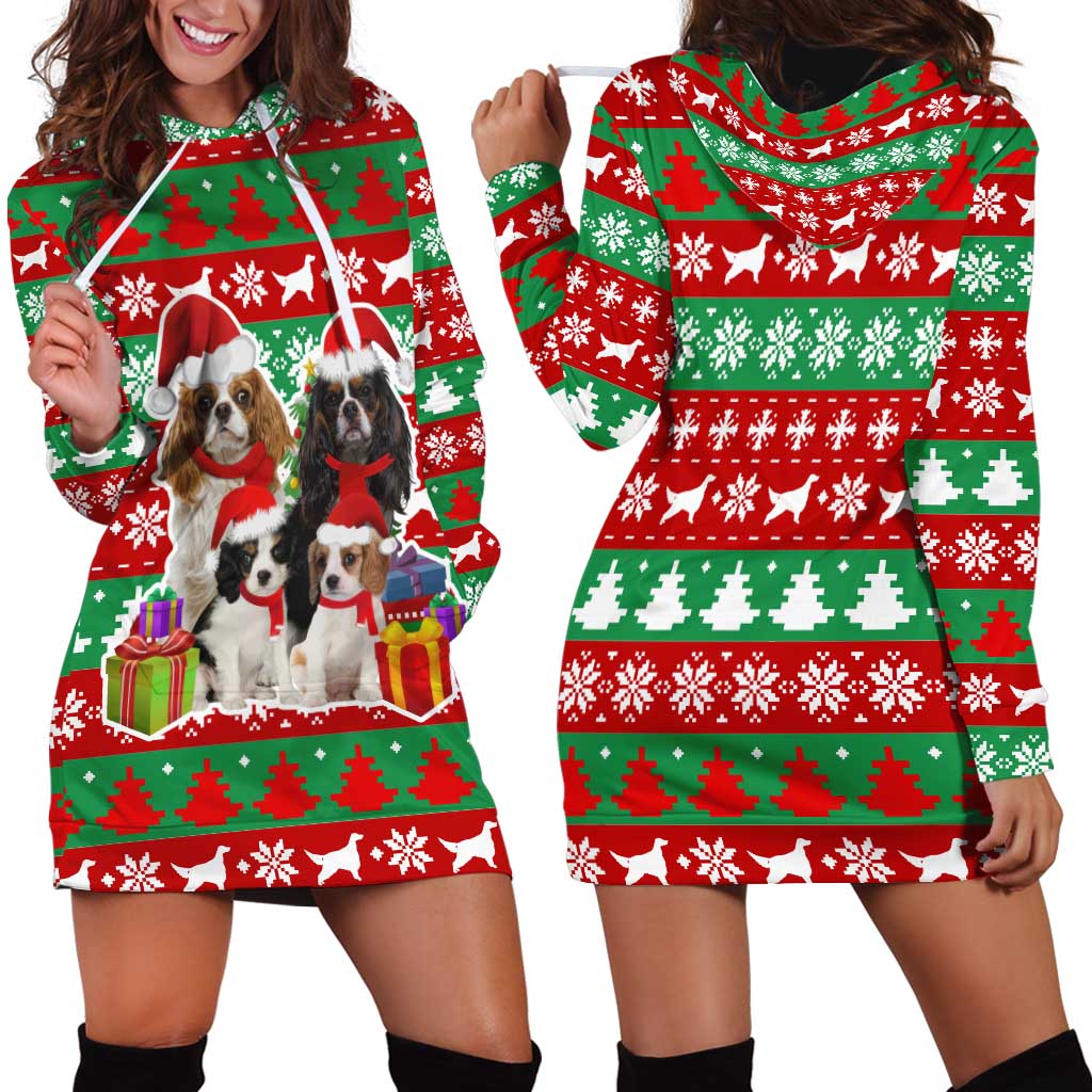 Christmas Dogs Hoodie Dress with Santa Hats and Red Green Holiday Pattern - Wonder Print Shop