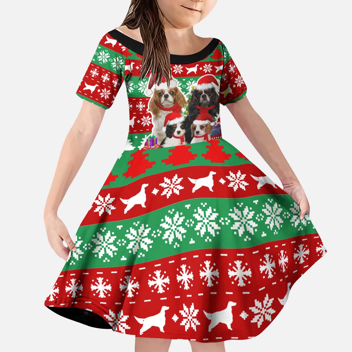 Christmas Dogs Kid Short Sleeve Dress with Santa Hats and Red Green Holiday Pattern - Wonder Print Shop