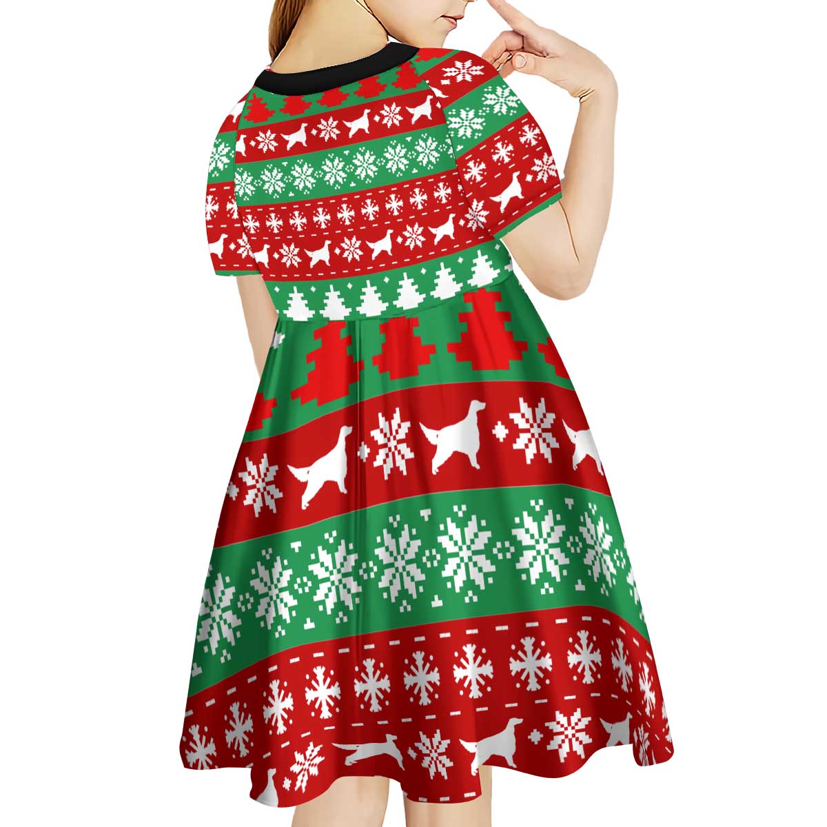 Christmas Dogs Kid Short Sleeve Dress with Santa Hats and Red Green Holiday Pattern - Wonder Print Shop