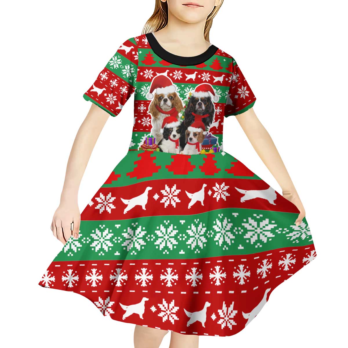 Christmas Dogs Kid Short Sleeve Dress with Santa Hats and Red Green Holiday Pattern - Wonder Print Shop