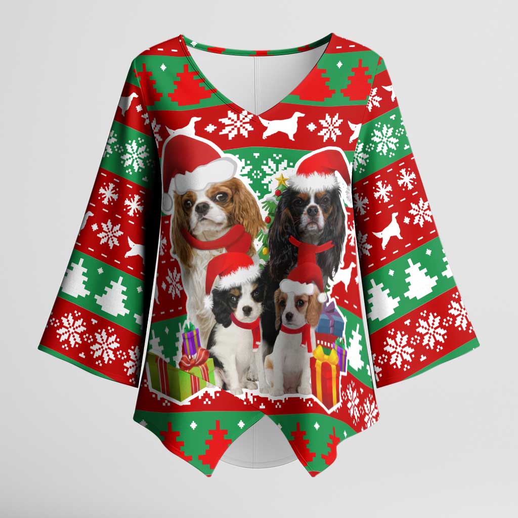 Christmas Dogs Kimono Sleeve Blouse with Santa Hats and Red Green Holiday Pattern - Wonder Print Shop